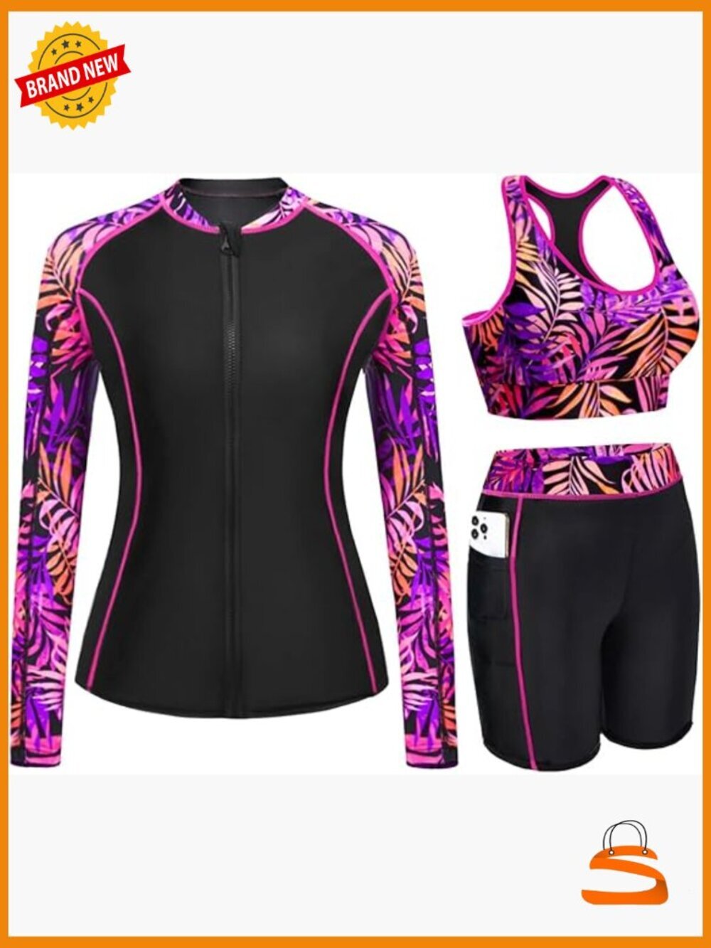 3 Piece Rash Guard Long Sleeve Full Zip Swim Top High Waisted Shorts UPF 40